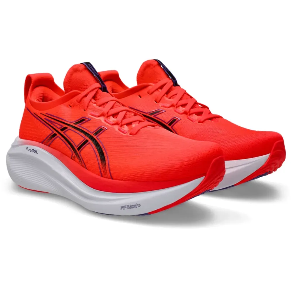 Tênis Asics Gel Nimbus 27 masculino vermelho em destaque, evidenciando o design e a tecnologia de amortecimento.
